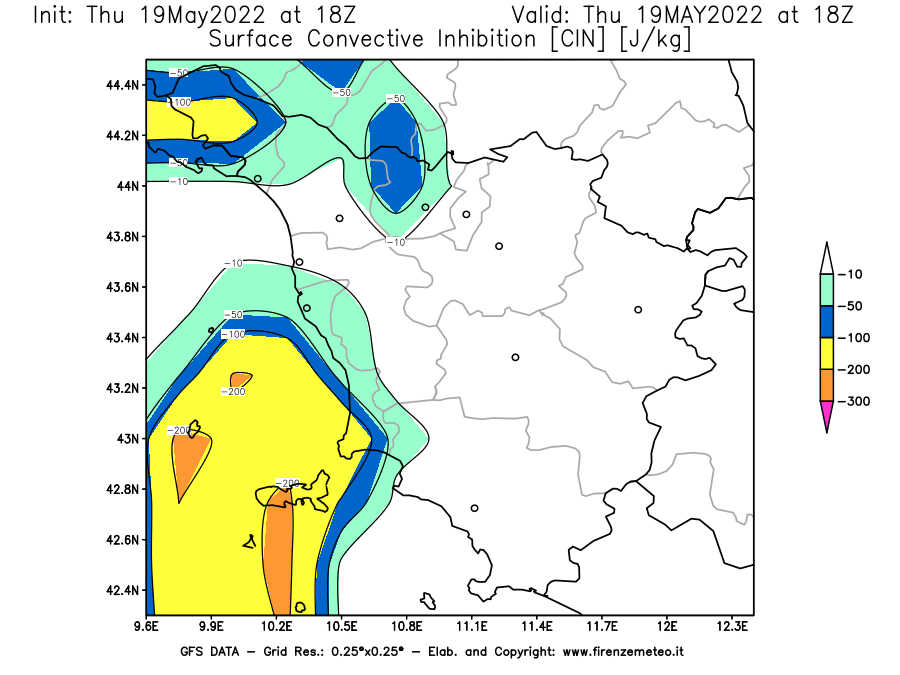 Mappa di analisi GFS - CIN [J/kg] in Toscana
									del 19/05/2022 18 <!--googleoff: index-->UTC<!--googleon: index-->