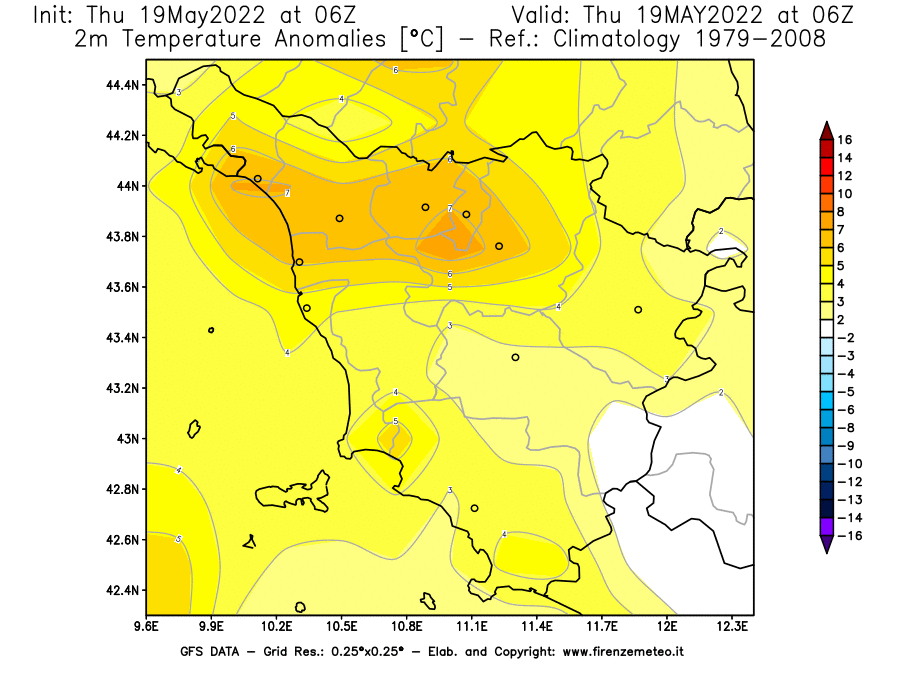 Mappa di analisi GFS - Anomalia Temperatura [°C] a 2 m in Toscana
									del 19/05/2022 06 <!--googleoff: index-->UTC<!--googleon: index-->