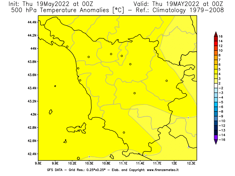 Mappa di analisi GFS - Anomalia Temperatura [°C] a 500 hPa in Toscana
									del 19/05/2022 00 <!--googleoff: index-->UTC<!--googleon: index-->