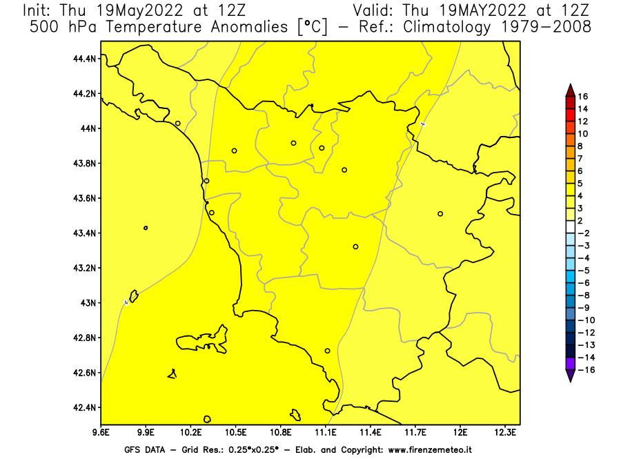 Mappa di analisi GFS - Anomalia Temperatura [°C] a 500 hPa in Toscana
									del 19/05/2022 12 <!--googleoff: index-->UTC<!--googleon: index-->