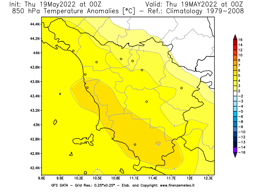 Mappa di analisi GFS - Anomalia Temperatura [°C] a 850 hPa in Toscana
									del 19/05/2022 00 <!--googleoff: index-->UTC<!--googleon: index-->