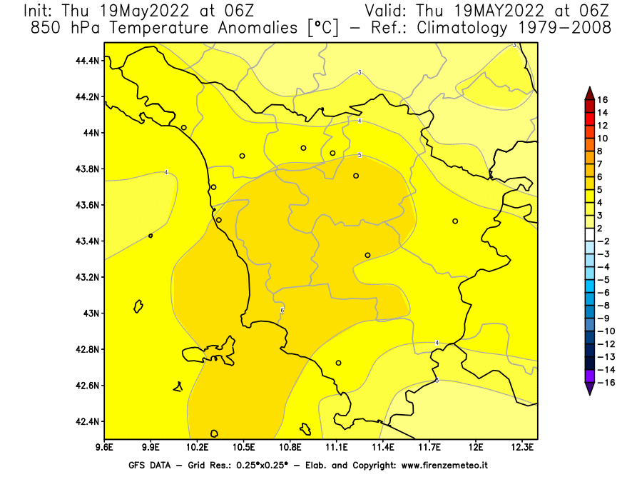 Mappa di analisi GFS - Anomalia Temperatura [°C] a 850 hPa in Toscana
									del 19/05/2022 06 <!--googleoff: index-->UTC<!--googleon: index-->
