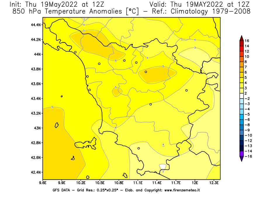 Mappa di analisi GFS - Anomalia Temperatura [°C] a 850 hPa in Toscana
									del 19/05/2022 12 <!--googleoff: index-->UTC<!--googleon: index-->