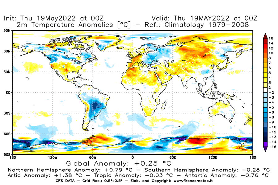 Mappa di analisi GFS - Anomalia Temperatura [°C] a 2 m in World
									del 19/05/2022 00 <!--googleoff: index-->UTC<!--googleon: index-->