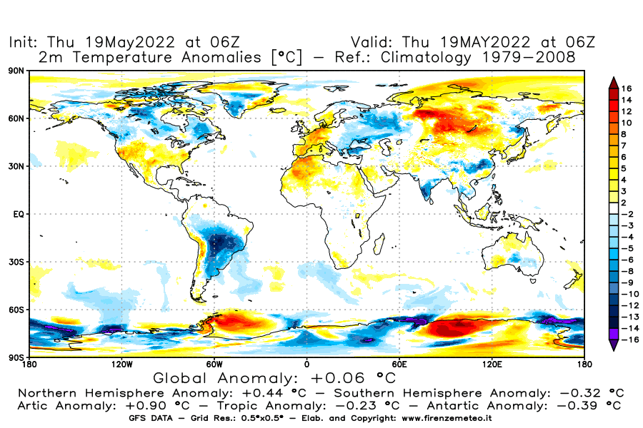 Mappa di analisi GFS - Anomalia Temperatura [°C] a 2 m in World
									del 19/05/2022 06 <!--googleoff: index-->UTC<!--googleon: index-->