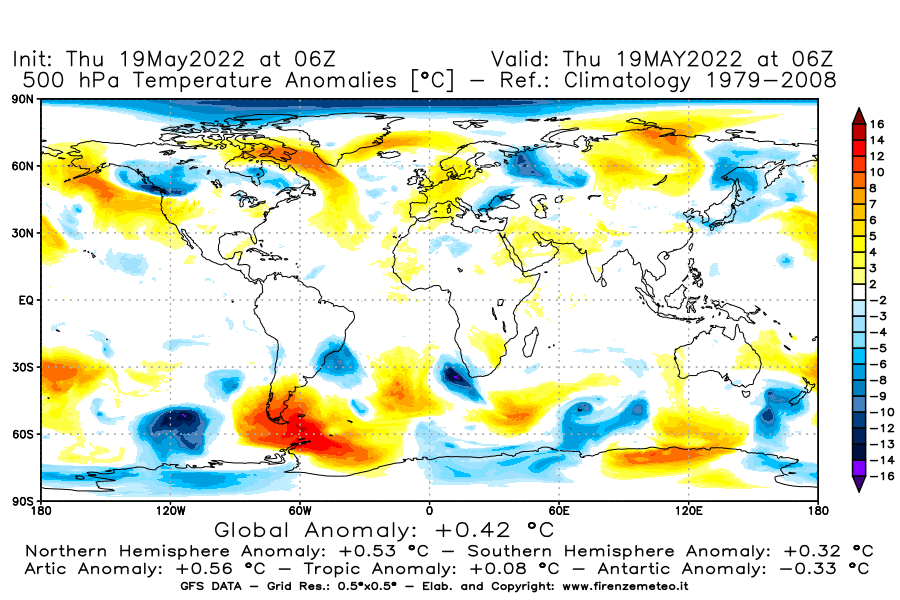 Mappa di analisi GFS - Anomalia Temperatura [°C] a 500 hPa in World
									del 19/05/2022 06 <!--googleoff: index-->UTC<!--googleon: index-->