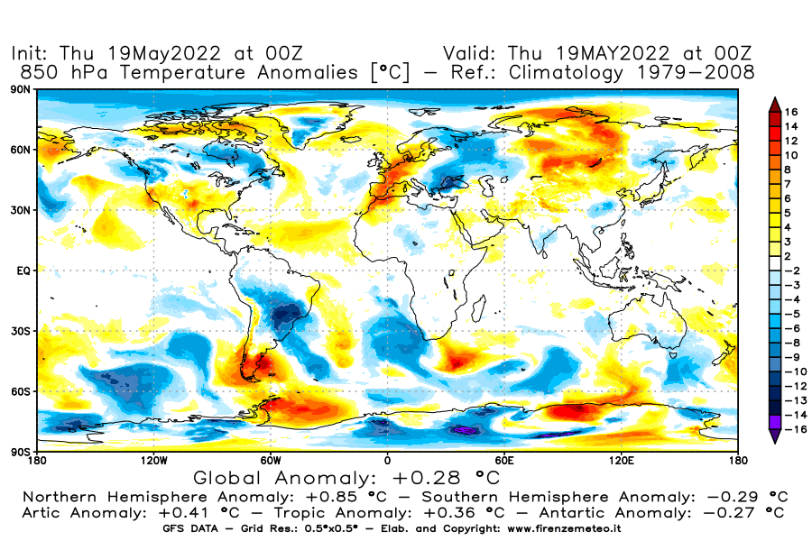 Mappa di analisi GFS - Anomalia Temperatura [°C] a 850 hPa in World
									del 19/05/2022 00 <!--googleoff: index-->UTC<!--googleon: index-->