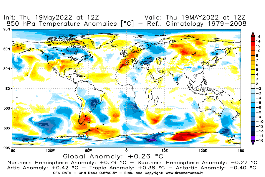 Mappa di analisi GFS - Anomalia Temperatura [°C] a 850 hPa in World
									del 19/05/2022 12 <!--googleoff: index-->UTC<!--googleon: index-->