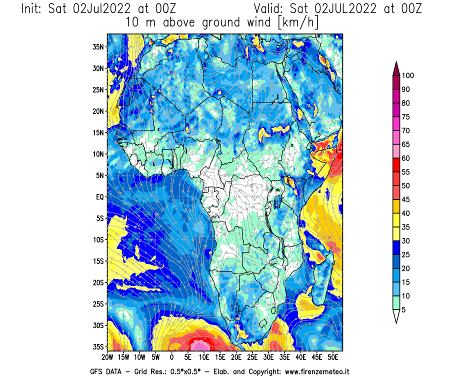 GFS analysi map - Wind Speed at 10 m above ground [km/h] in Africa
									on 02/07/2022 00 <!--googleoff: index-->UTC<!--googleon: index-->