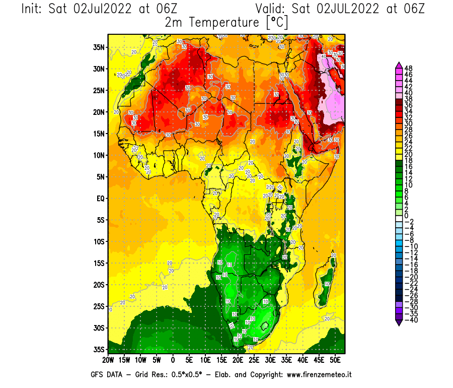 GFS analysi map - Temperature at 2 m above ground [°C] in Africa
									on 02/07/2022 06 <!--googleoff: index-->UTC<!--googleon: index-->