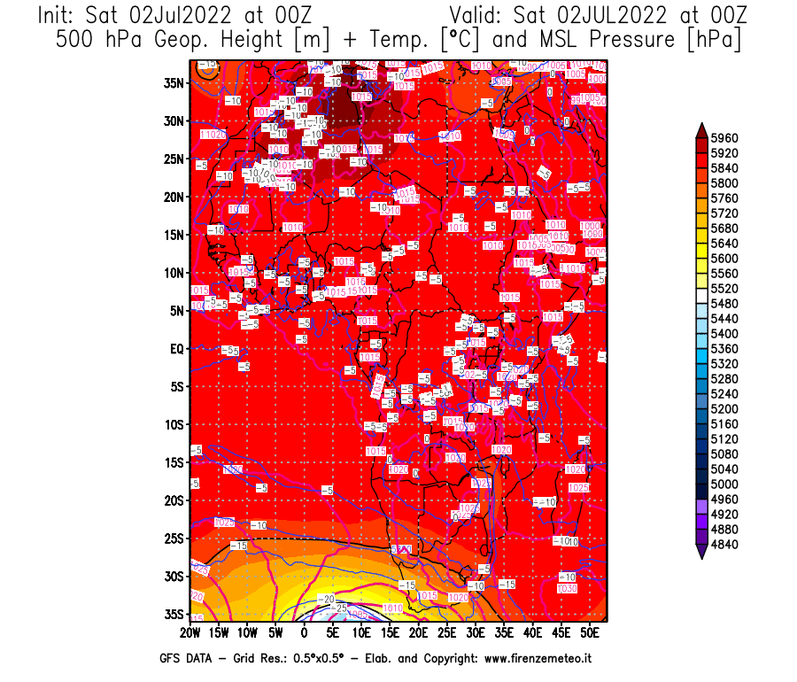GFS analysi map - Geopotential [m] + Temp. [°C] at 500 hPa + Sea Level Pressure [hPa] in Africa
									on 02/07/2022 00 <!--googleoff: index-->UTC<!--googleon: index-->