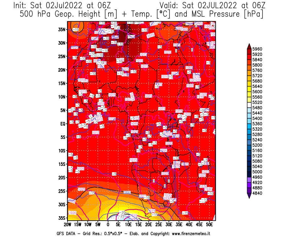 GFS analysi map - Geopotential [m] + Temp. [°C] at 500 hPa + Sea Level Pressure [hPa] in Africa
									on 02/07/2022 06 <!--googleoff: index-->UTC<!--googleon: index-->