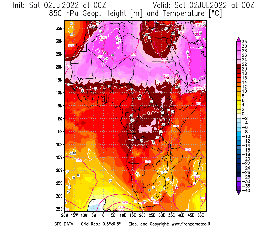GFS analysi map - Geopotential [m] and Temperature [°C] at 850 hPa in Africa
									on 02/07/2022 00 <!--googleoff: index-->UTC<!--googleon: index-->