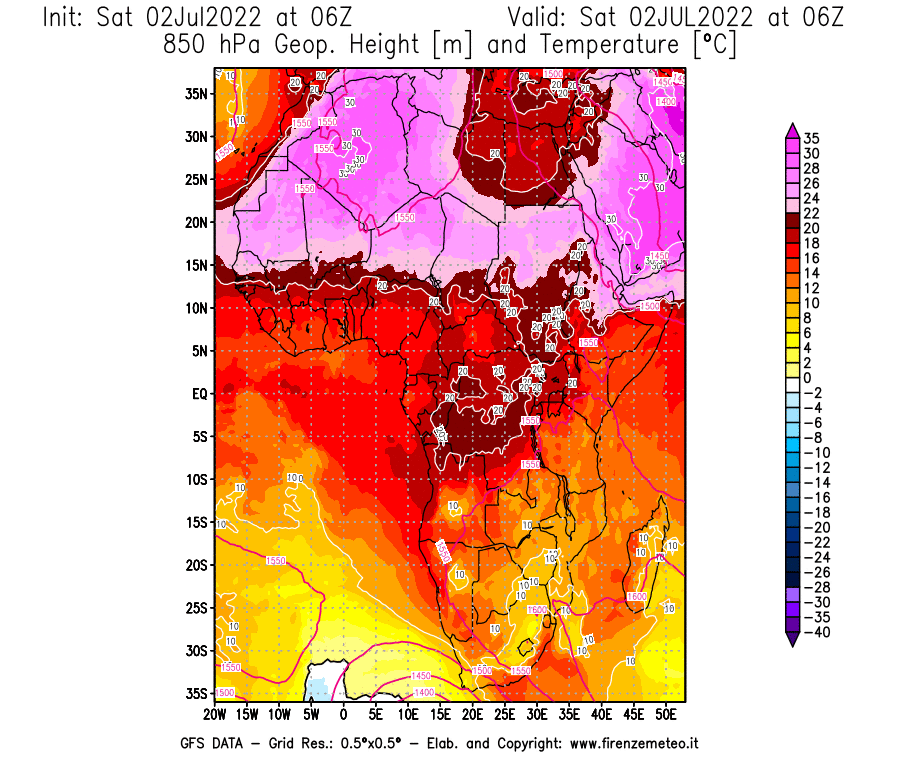 GFS analysi map - Geopotential [m] and Temperature [°C] at 850 hPa in Africa
									on 02/07/2022 06 <!--googleoff: index-->UTC<!--googleon: index-->
