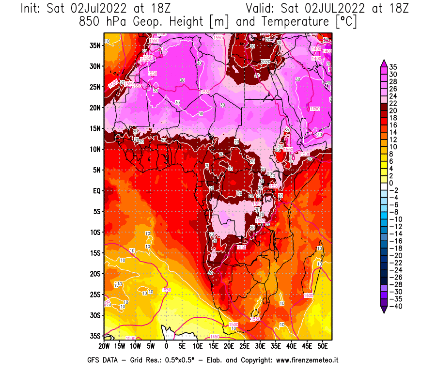 GFS analysi map - Geopotential [m] and Temperature [°C] at 850 hPa in Africa
									on 02/07/2022 18 <!--googleoff: index-->UTC<!--googleon: index-->