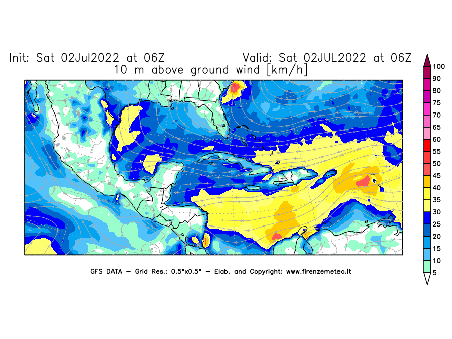 GFS analysi map - Wind Speed at 10 m above ground [km/h] in Central America
									on 02/07/2022 06 <!--googleoff: index-->UTC<!--googleon: index-->