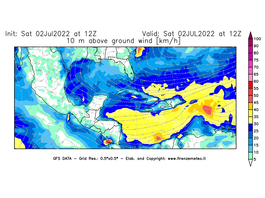 GFS analysi map - Wind Speed at 10 m above ground [km/h] in Central America
									on 02/07/2022 12 <!--googleoff: index-->UTC<!--googleon: index-->