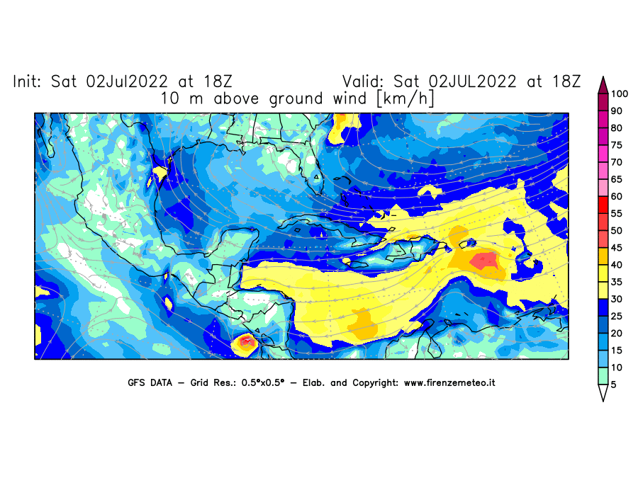 GFS analysi map - Wind Speed at 10 m above ground [km/h] in Central America
									on 02/07/2022 18 <!--googleoff: index-->UTC<!--googleon: index-->