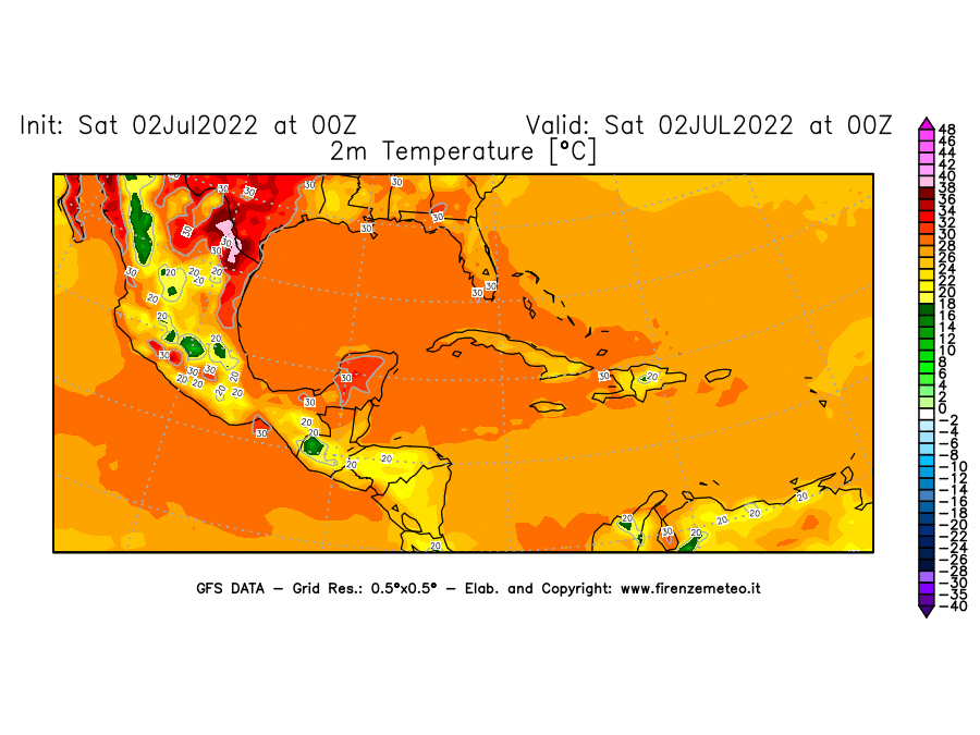 GFS analysi map - Temperature at 2 m above ground [°C] in Central America
									on 02/07/2022 00 <!--googleoff: index-->UTC<!--googleon: index-->