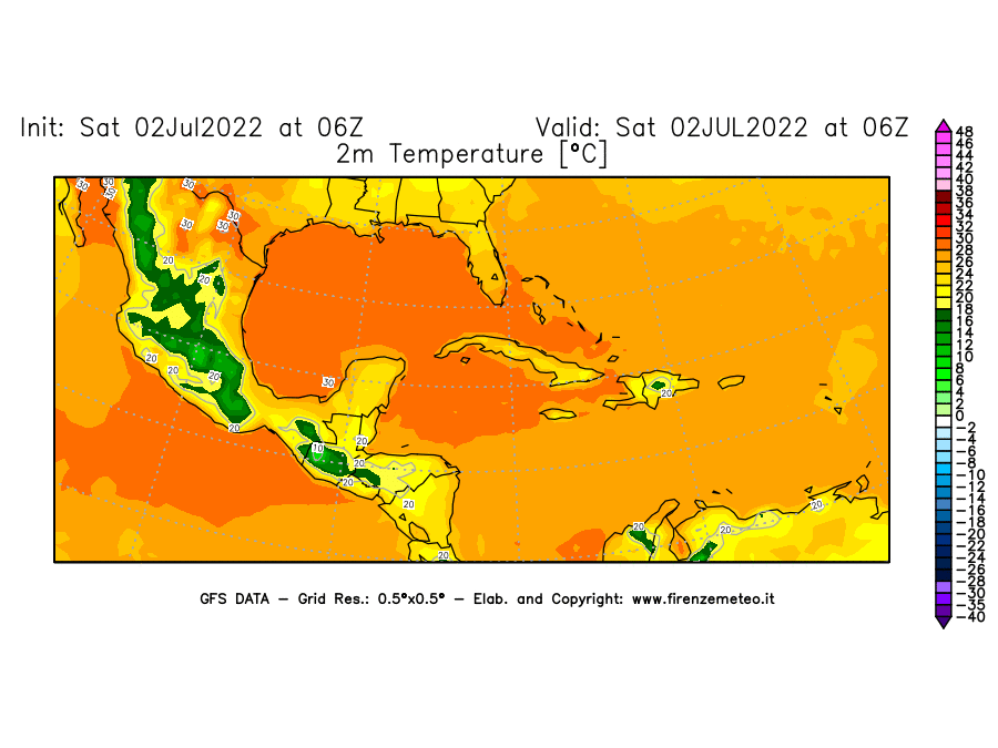 GFS analysi map - Temperature at 2 m above ground [°C] in Central America
									on 02/07/2022 06 <!--googleoff: index-->UTC<!--googleon: index-->
