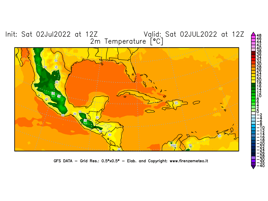 GFS analysi map - Temperature at 2 m above ground [°C] in Central America
									on 02/07/2022 12 <!--googleoff: index-->UTC<!--googleon: index-->