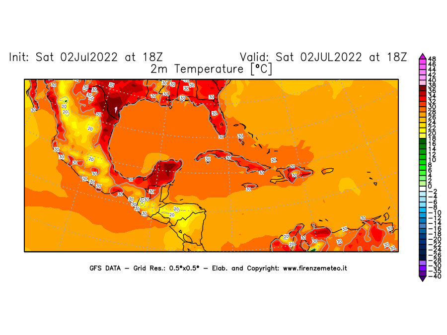 GFS analysi map - Temperature at 2 m above ground [°C] in Central America
									on 02/07/2022 18 <!--googleoff: index-->UTC<!--googleon: index-->