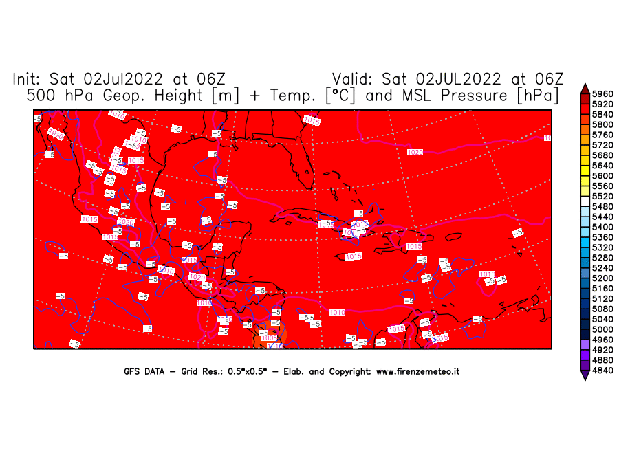 GFS analysi map - Geopotential [m] + Temp. [°C] at 500 hPa + Sea Level Pressure [hPa] in Central America
									on 02/07/2022 06 <!--googleoff: index-->UTC<!--googleon: index-->