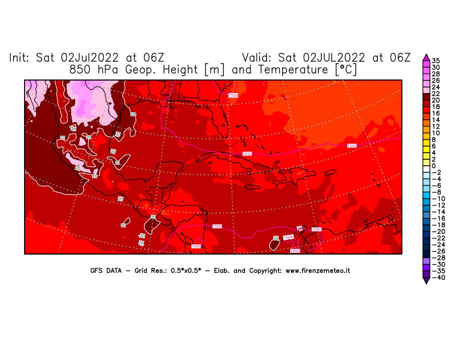GFS analysi map - Geopotential [m] and Temperature [°C] at 850 hPa in Central America
									on 02/07/2022 06 <!--googleoff: index-->UTC<!--googleon: index-->