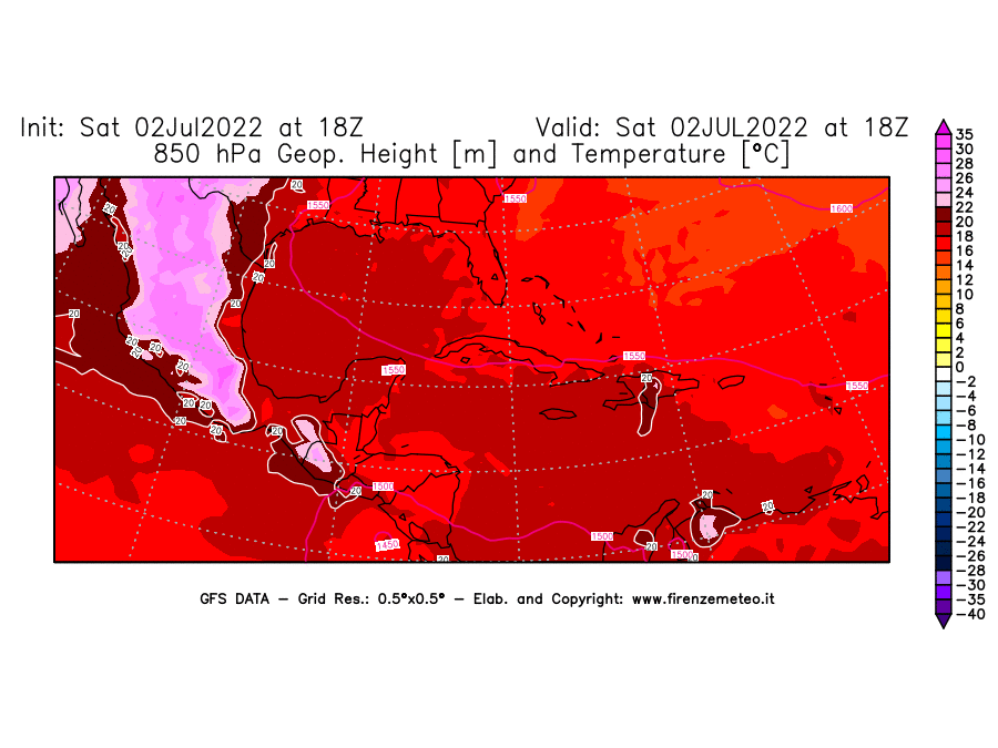 GFS analysi map - Geopotential [m] and Temperature [°C] at 850 hPa in Central America
									on 02/07/2022 18 <!--googleoff: index-->UTC<!--googleon: index-->