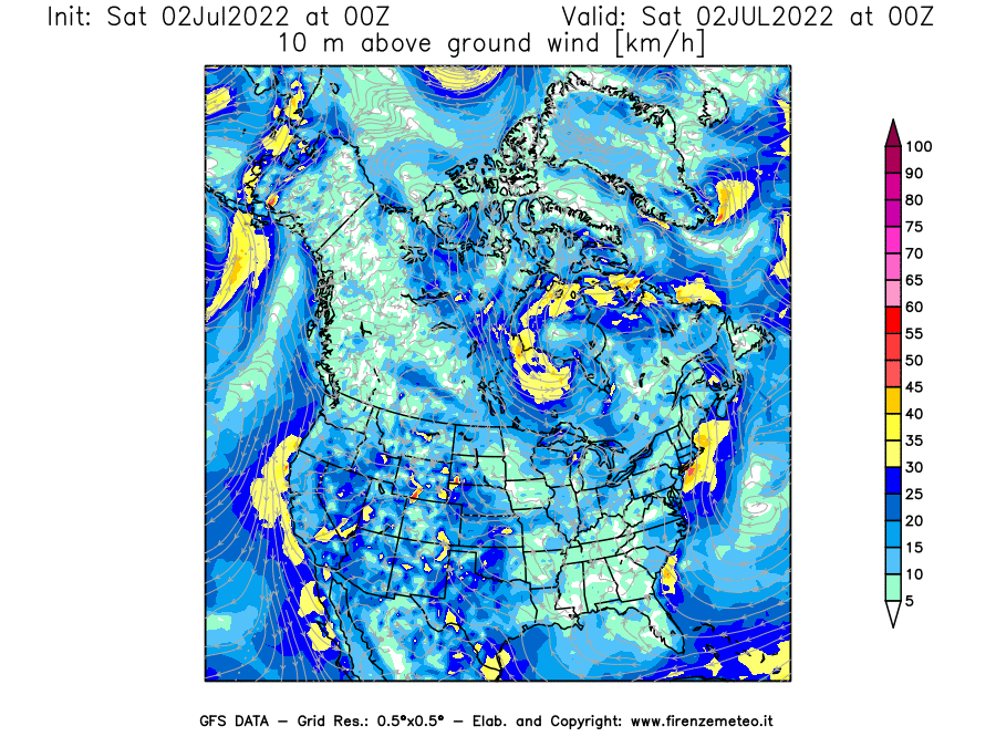 GFS analysi map - Wind Speed at 10 m above ground [km/h] in North America
									on 02/07/2022 00 <!--googleoff: index-->UTC<!--googleon: index-->