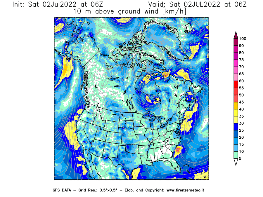 GFS analysi map - Wind Speed at 10 m above ground [km/h] in North America
									on 02/07/2022 06 <!--googleoff: index-->UTC<!--googleon: index-->