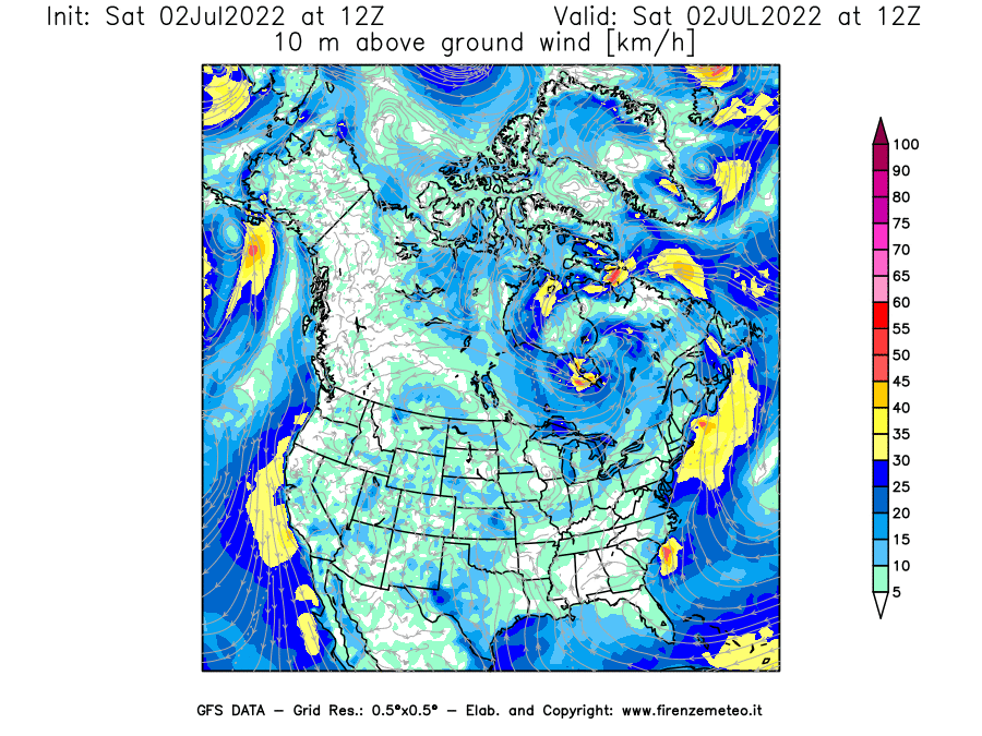 GFS analysi map - Wind Speed at 10 m above ground [km/h] in North America
									on 02/07/2022 12 <!--googleoff: index-->UTC<!--googleon: index-->