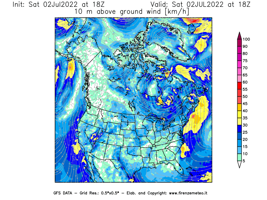 GFS analysi map - Wind Speed at 10 m above ground [km/h] in North America
									on 02/07/2022 18 <!--googleoff: index-->UTC<!--googleon: index-->