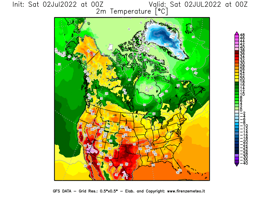 GFS analysi map - Temperature at 2 m above ground [°C] in North America
									on 02/07/2022 00 <!--googleoff: index-->UTC<!--googleon: index-->