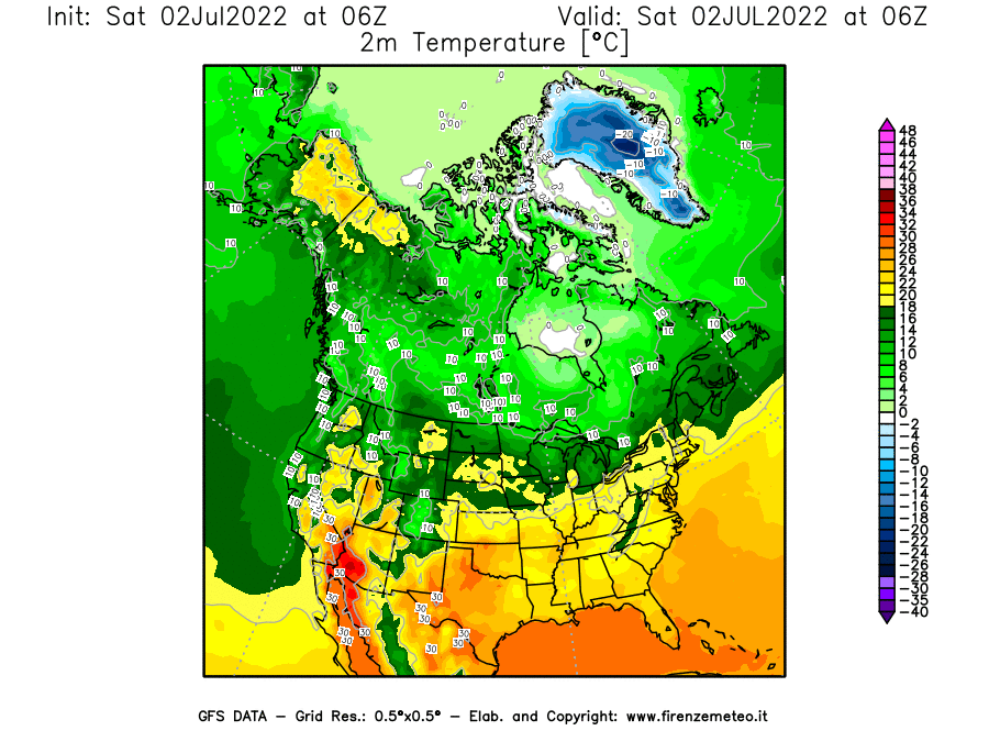 GFS analysi map - Temperature at 2 m above ground [°C] in North America
									on 02/07/2022 06 <!--googleoff: index-->UTC<!--googleon: index-->