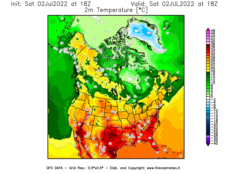 GFS analysi map - Temperature at 2 m above ground [°C] in North America
									on 02/07/2022 18 <!--googleoff: index-->UTC<!--googleon: index-->