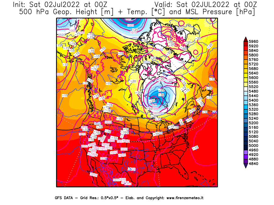 GFS analysi map - Geopotential [m] + Temp. [°C] at 500 hPa + Sea Level Pressure [hPa] in North America
									on 02/07/2022 00 <!--googleoff: index-->UTC<!--googleon: index-->
