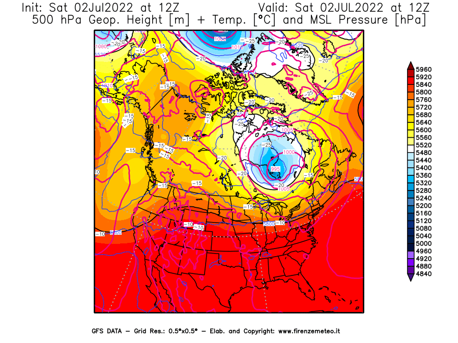 GFS analysi map - Geopotential [m] + Temp. [°C] at 500 hPa + Sea Level Pressure [hPa] in North America
									on 02/07/2022 12 <!--googleoff: index-->UTC<!--googleon: index-->