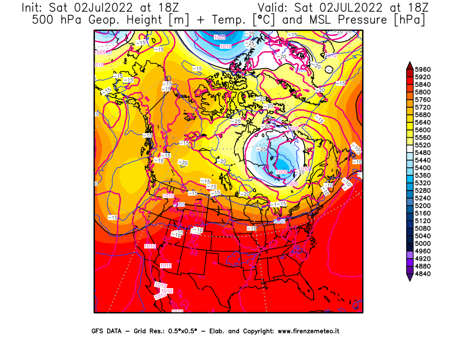 GFS analysi map - Geopotential [m] + Temp. [°C] at 500 hPa + Sea Level Pressure [hPa] in North America
									on 02/07/2022 18 <!--googleoff: index-->UTC<!--googleon: index-->
