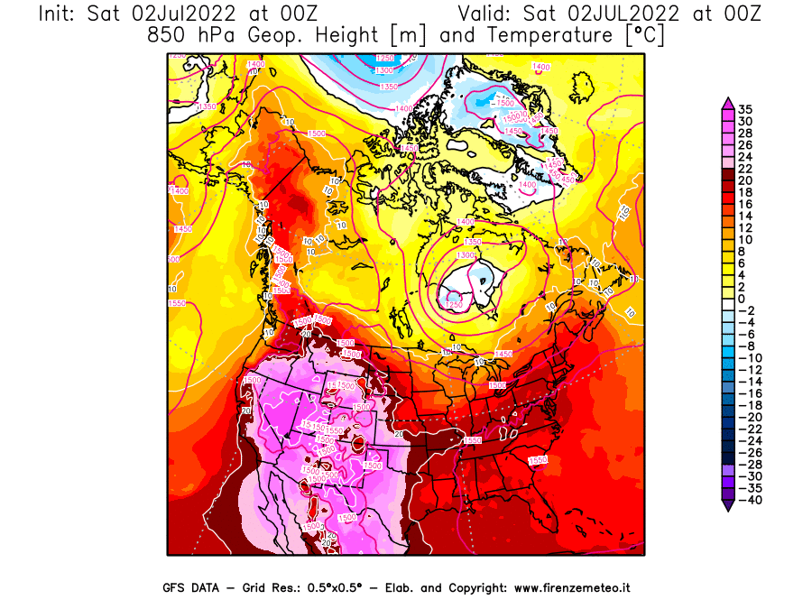 GFS analysi map - Geopotential [m] and Temperature [°C] at 850 hPa in North America
									on 02/07/2022 00 <!--googleoff: index-->UTC<!--googleon: index-->