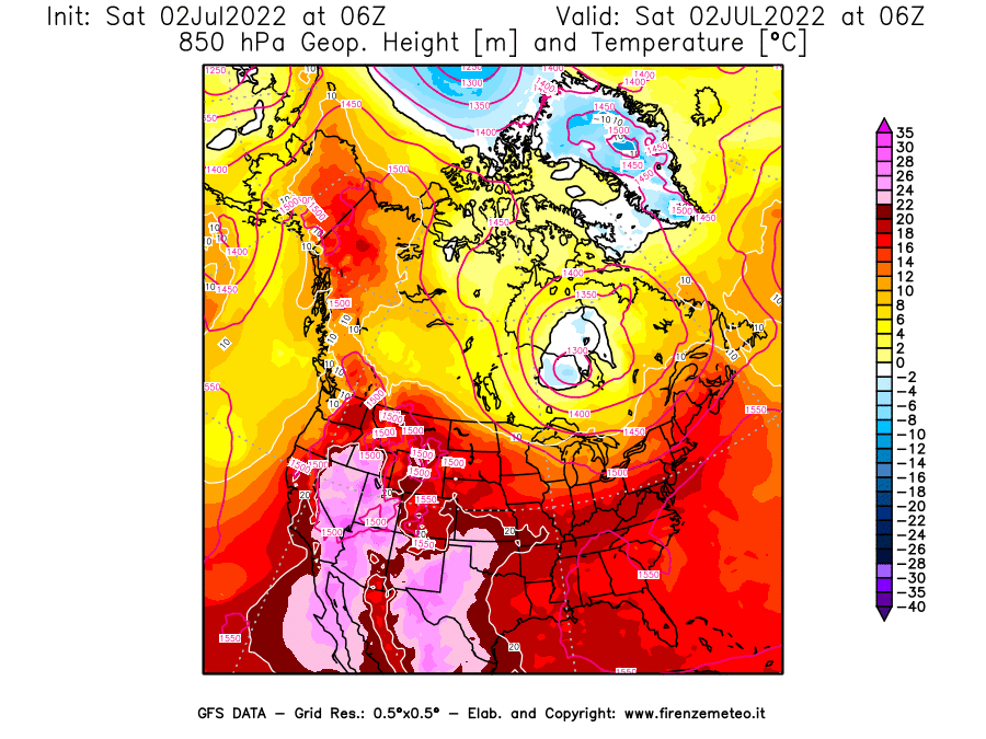 GFS analysi map - Geopotential [m] and Temperature [°C] at 850 hPa in North America
									on 02/07/2022 06 <!--googleoff: index-->UTC<!--googleon: index-->