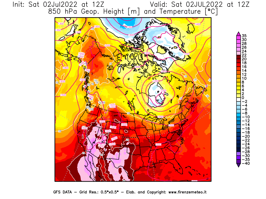 GFS analysi map - Geopotential [m] and Temperature [°C] at 850 hPa in North America
									on 02/07/2022 12 <!--googleoff: index-->UTC<!--googleon: index-->