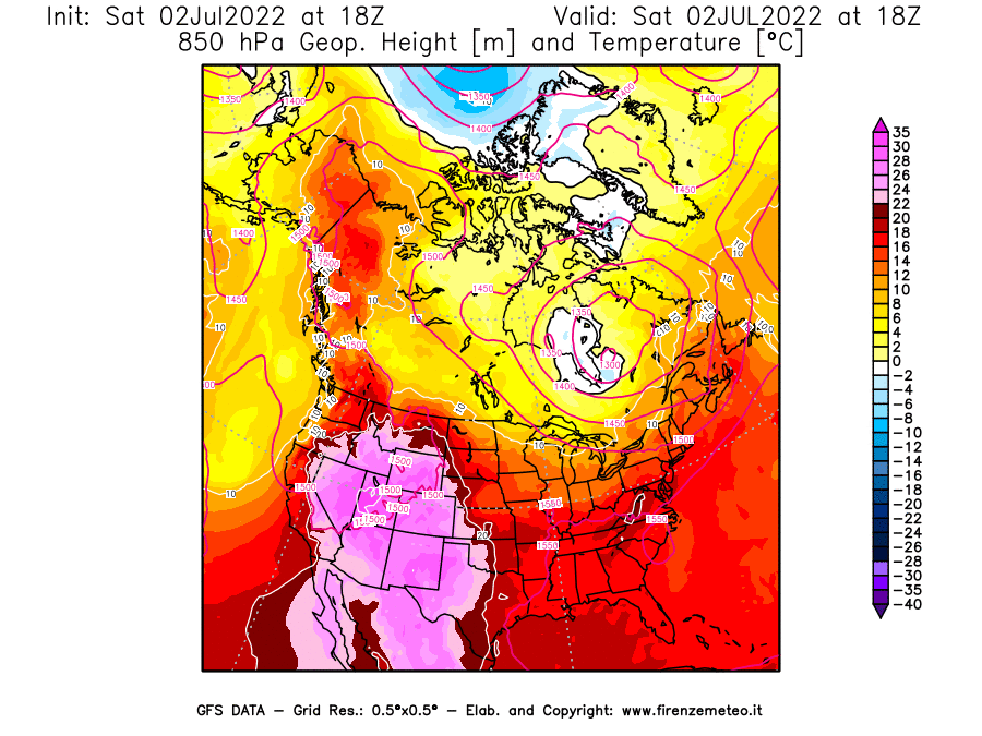 GFS analysi map - Geopotential [m] and Temperature [°C] at 850 hPa in North America
									on 02/07/2022 18 <!--googleoff: index-->UTC<!--googleon: index-->
