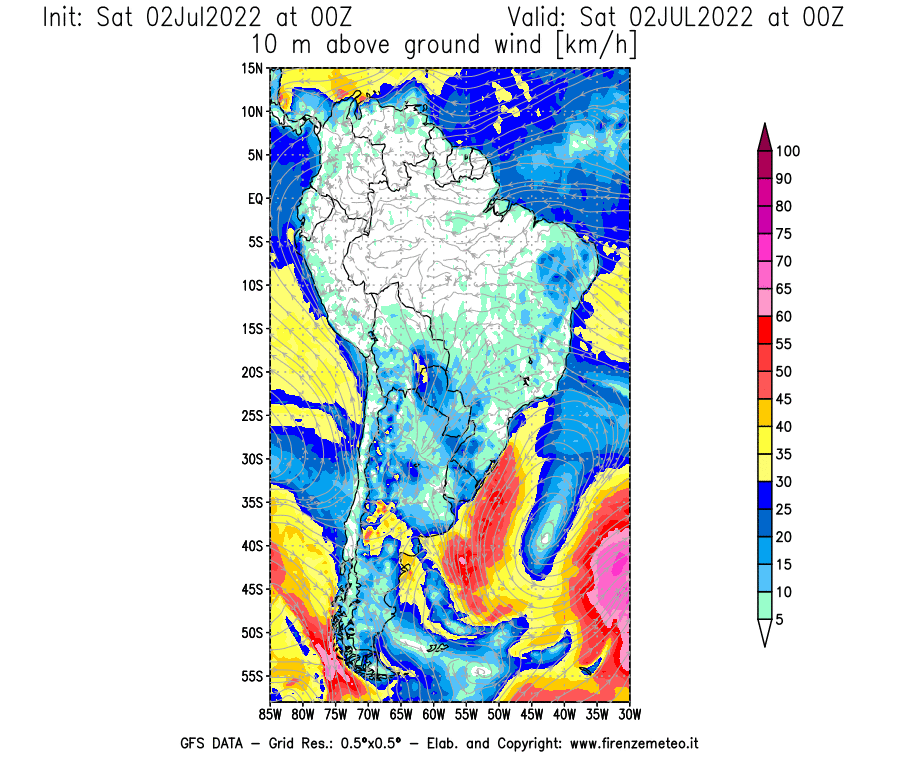 GFS analysi map - Wind Speed at 10 m above ground [km/h] in South America
									on 02/07/2022 00 <!--googleoff: index-->UTC<!--googleon: index-->