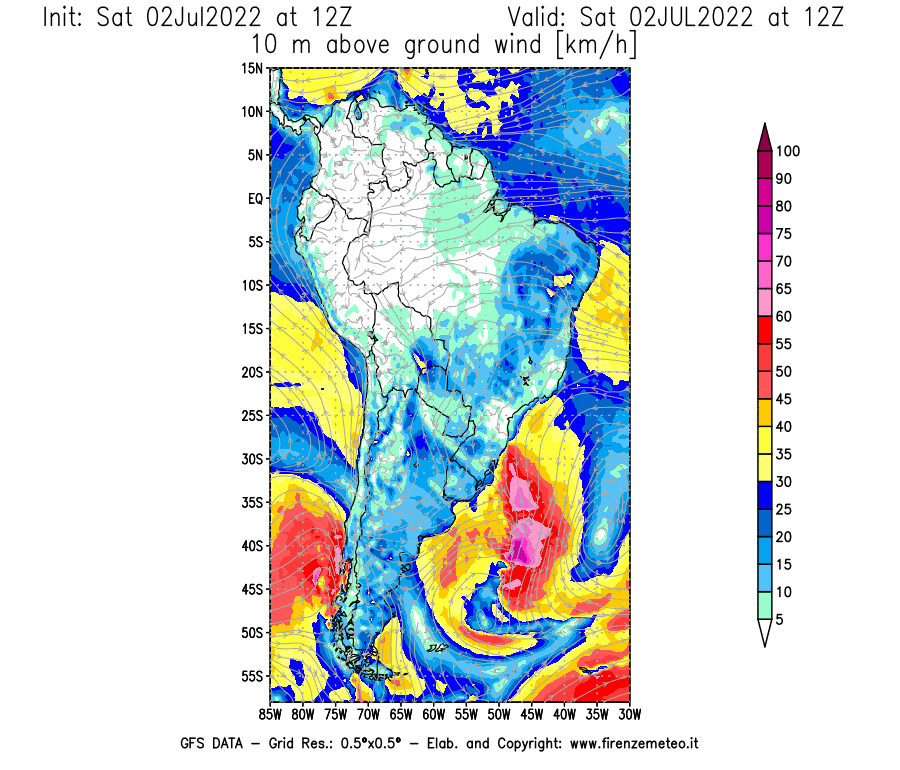 GFS analysi map - Wind Speed at 10 m above ground [km/h] in South America
									on 02/07/2022 12 <!--googleoff: index-->UTC<!--googleon: index-->