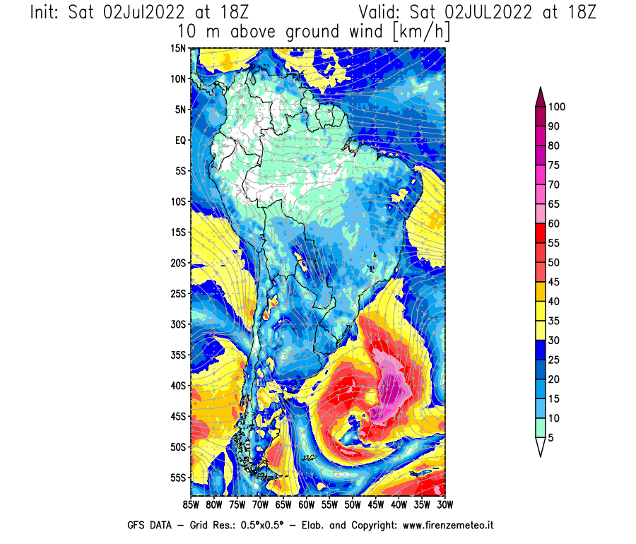 GFS analysi map - Wind Speed at 10 m above ground [km/h] in South America
									on 02/07/2022 18 <!--googleoff: index-->UTC<!--googleon: index-->