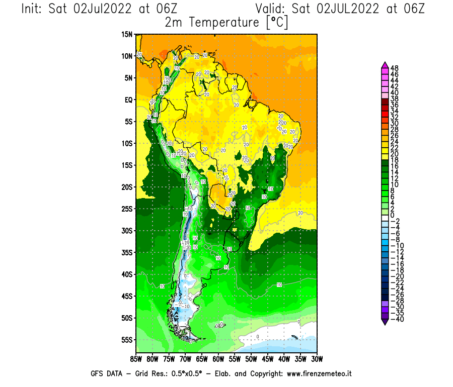 GFS analysi map - Temperature at 2 m above ground [°C] in South America
									on 02/07/2022 06 <!--googleoff: index-->UTC<!--googleon: index-->