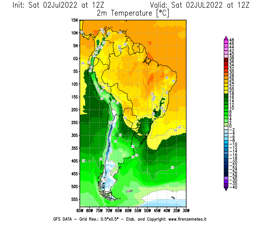 GFS analysi map - Temperature at 2 m above ground [°C] in South America
									on 02/07/2022 12 <!--googleoff: index-->UTC<!--googleon: index-->