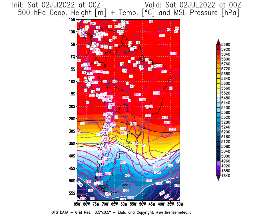 GFS analysi map - Geopotential [m] + Temp. [°C] at 500 hPa + Sea Level Pressure [hPa] in South America
									on 02/07/2022 00 <!--googleoff: index-->UTC<!--googleon: index-->