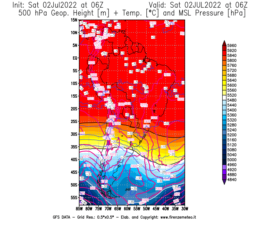 GFS analysi map - Geopotential [m] + Temp. [°C] at 500 hPa + Sea Level Pressure [hPa] in South America
									on 02/07/2022 06 <!--googleoff: index-->UTC<!--googleon: index-->